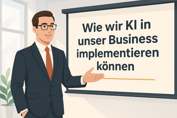 Businessman in a suit giving a presentation about implementing AI in our business (slide reads: 'Wie wir KI in unser Business implementieren können')
